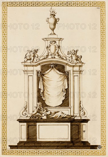 Project for a Monument, c. 1695, Edward Pierce, the younger (English, c. 1630-1695), or Inigo Jones (English, 1573-1652), England, Pen and brown ink, with brush and gray and brown  wash, over traces of graphite, with gold paint in borders on ivory laid paper, 396 × 269 mm