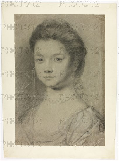 Portrait Bust of Young Woman, n.d., Unknown Artist, English, mid 18th century, England, Black chalk with stumping, heightened with white chalk and traces of white gouache, on gray laid paper with red and blue fibers, tipped onto ivory wove paper, 411 × 284 mm