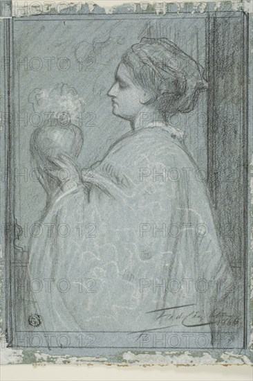 Lady with Vase, 1865, Baron Frederic Leighton, English, 1830-1896, England, Black and white pastel on blue wove paper, 254 × 192 mm