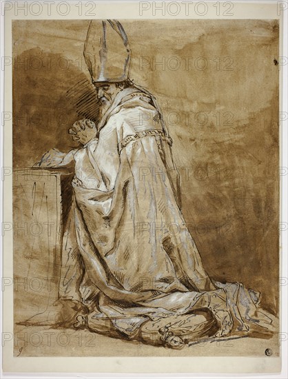Bishop Kneeling in Prayer, n.d., Follower of Abraham Bloemaert, Dutch, 1566-1651, France, Pen and brown ink, and brush and brown wash, heightened with lead white (discolored), over graphite on cream laid card, laid down on ivory wove card, 461 × 365 mm