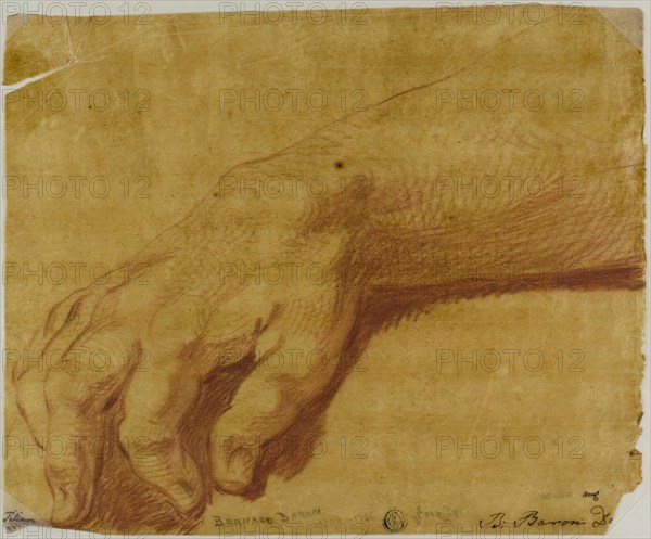 Right Hand of Jupiter, n.d., Bernard Baron (French, 1696-1762), after Tiziano Vecellio, called Titian (Italian, c. 1488-1576), France, Red chalk on oiled golden-yellow, 219 × 266 mm (ma×.)