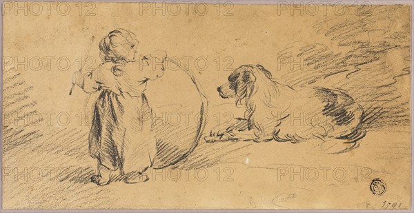 Child Playing with Ball and Dog, 1791, George Morland, English, 1763-1804, England, Black crayon on brown wove paper, 121 × 237 mm