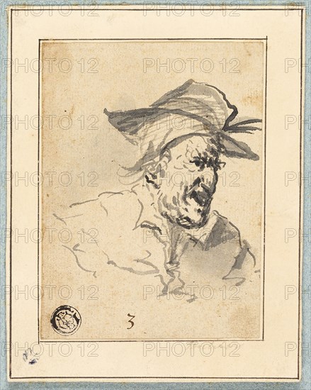 Character Sketch, n.d., Possibly John Hamilton Mortimer (English, 1740-1779), or Francis Le Piper (English, 1640-1698), England, Pen and gray ink, with brush and wash, on cream laid paper, laid down on card, 100 × 75 mm