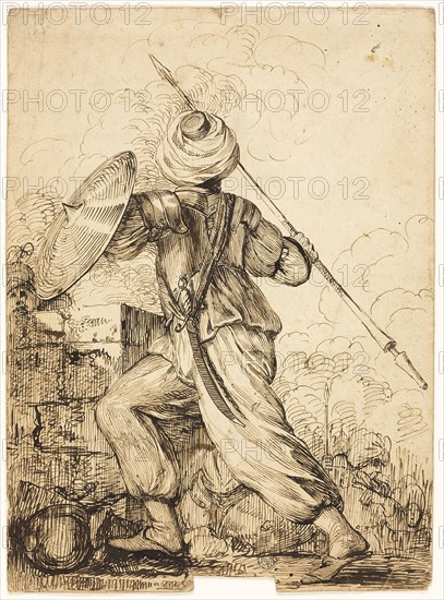 A Turkish Soldier, n.d., Attributed to James Durno (English, c. 1745-1795), or John Hamilton Mortimer (English, 1740-1779), England, Pen and brown ink on cream wove paper, 293 × 215 mm