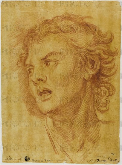 Head of a Hunter, n.d., Bernard Baron (French, 1696-1762), after Tiziano Vecellio, called Titian (Italian, c. 1488-1576), France, Red chalk on oiled golden-yellow transparentized laid paper, 318 × 236 mm