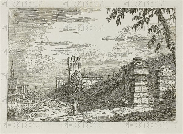 Landscape with Tower and Two Ruined Pillars, from Vedute, 1735/44, Canaletto, Italian, 1697-1768, Italy, Etching in black on ivory laid paper, 142 x 209 mm (image), 146 x 212 mm (plate), 431 x 587 mm (sheet)