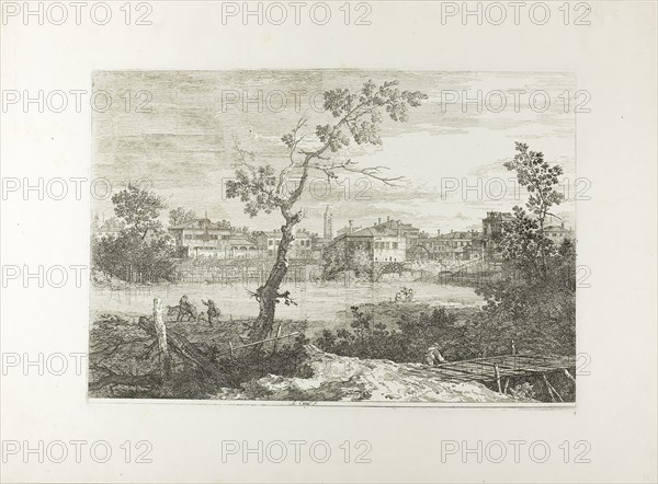 View of a Town on a River Bank, from Vedute, 1735/44, Canaletto, Italian, 1697-1768, Italy, Etching in black on ivory laid paper, 295 x 432 mm (image), 300 x 436 mm (plate), 433 x 587 mm (sheet)