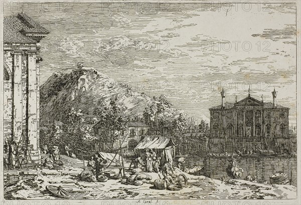 The Market at Dolo, from Vedute, 1735/44, Canaletto, Italian, 1697-1768, Italy, Etching in black on ivory laid paper, 140 x 209 mm (image), 146 x 212 mm (plate), 435 x 583 mm (sheet)