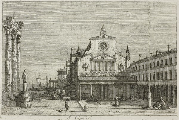 Imaginary View of S. Giacomo di Rialto, from Vedute, 1735/44, Canaletto, Italian, 1697-1768, Italy, Etching in black on ivory laid paper, 138 x 213 mm (image), 145 x 215 mm (plate), 435 x 583 mm (sheet)