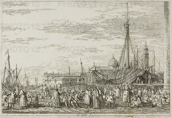 The Market on the Molo, from Vedute, 1735/44, Canaletto, Italian, 1697-1768, Italy, Etching in black on ivory laid paper, 140 x 210 mm (image), 145 x 213 mm (plate), 435 x 583 mm (sheet)