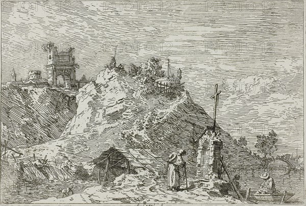 Landscape with the Pilgrim at Prayer, from Vedute, 1735/44, Canaletto, Italian, 1697-1768, Italy, Etching in black on ivory laid paper, 140 x 209 mm (image), 145 x 212 mm (plate), 436 x 587 mm (sheet)