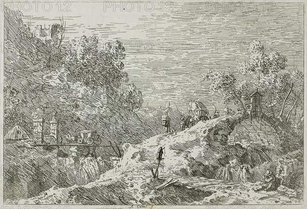 Mountain Landscape wih Five Bridges, from Vedute, 1735/44, Canaletto, Italian, 1697-1768, Italy, Etching in black on ivory laid paper, 142 x 211 mm (image), 143 x 212 mm (plate), 436 x 587 mm (sheet)