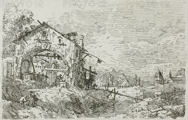 Landscape with a Woman at a Well, from Vedute, 1735/44, Canaletto, Italian, 1697-1768, Italy, Etching in black on ivory laid paper, 132 x 207 mm (image), 136 x 209 mm (plate), 436 x 587 mm (sheet)