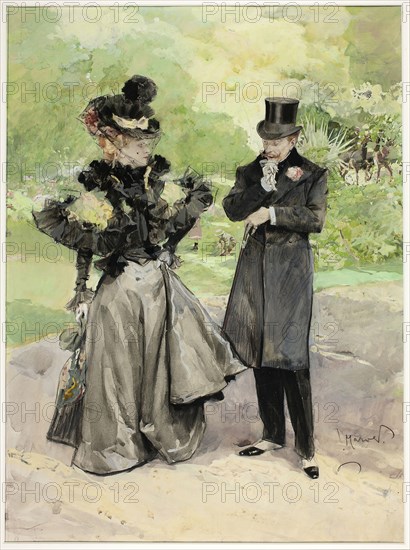 A Man and a Woman in a Park, n.d., Ludek Marold, Czech, 1865-1898, Czech Republic, Watercolor and gouache, with black crayon, graphite and traces of pen and brown ink, over touches of red chalk, on cream wove card, 489 × 372 mm