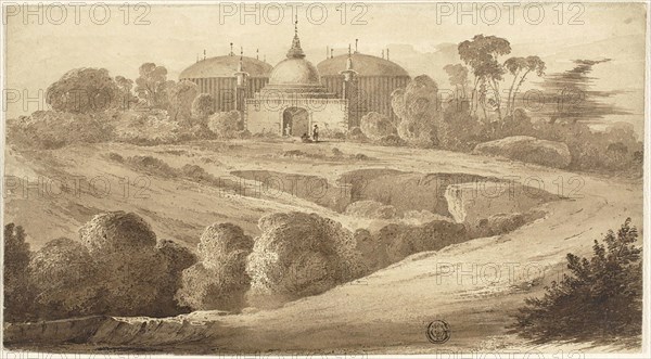 Fantastic Oriental Landscape, n.d., John Martin (English, 1789-1854), or William James Muller (English, 1812-1845), England, Brush and brown wash, over graphite on buff wove card, 143 × 261 mm
