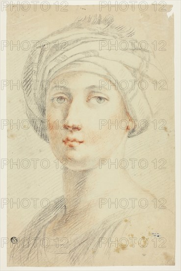 Portrait Bust of Young Woman in Turban, n.d., Attributed to David Allan (Scottish, 1744-1796), or John Opie (English 1761-1807), Scotland, Black and red chalk on buff laid paper, 378 x 244 mm