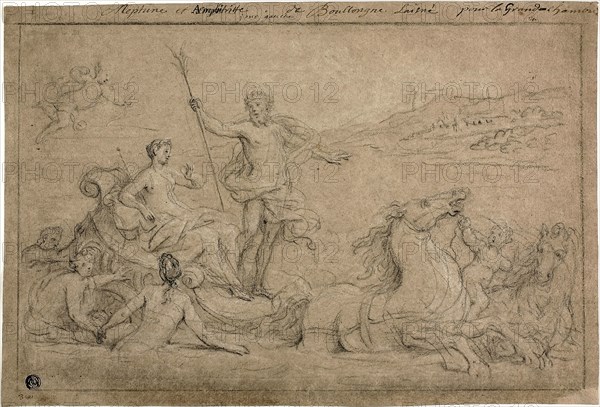 Triumph of Neptune and Amphitrite, 1706–07, Louis de Boullongne the younger, French, 1654-1733, France, Black chalk, heightened with white chalk, on gray-brown paper, 279 × 406 mm