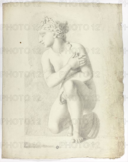 Statue of Crouching Venus, 1774, John Downman, English, 1750-1824, England, Charcoal with stumping and touches of black crayon on ivory laid paper, 504 × 393 mm