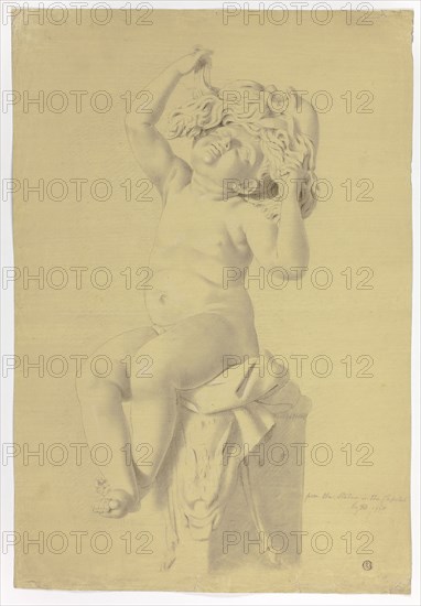 Antique Statue of Seated Putto Holding Mask of Silenus, 1775, John Downman, English, 1750-1824, England, Charcoal, with stumping, and black crayon, heightened with white chalk, on ivory laid paper, prepared with a tan ground, 539 × 370 mm