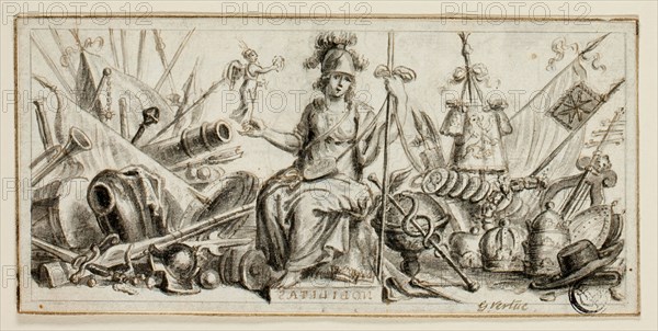 Nobilitas, n.d., George Vertue, English, 1684-1756, England, Pen and brown ink with brush and gray wash, on ivory laid paper, laid down on ivory laid paper, 70 × 148 mm