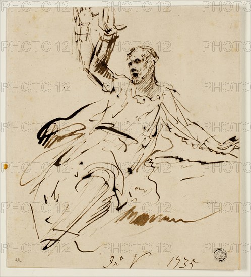 Seated Male Figure with Raised Arm, 1735, John Vanderbank, English, 1686-1739, England, Pen and brown ink on ivory laid paper, laid down on card, 191 × 168 mm
