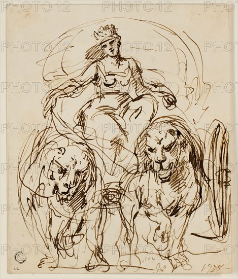 Cybele on Chariot Drawn by Lions, 1738, John Vanderbank, English, 1686-1739, England, Pen and brown ink, on cream laid paper, laid down on card, 221 × 183 mm