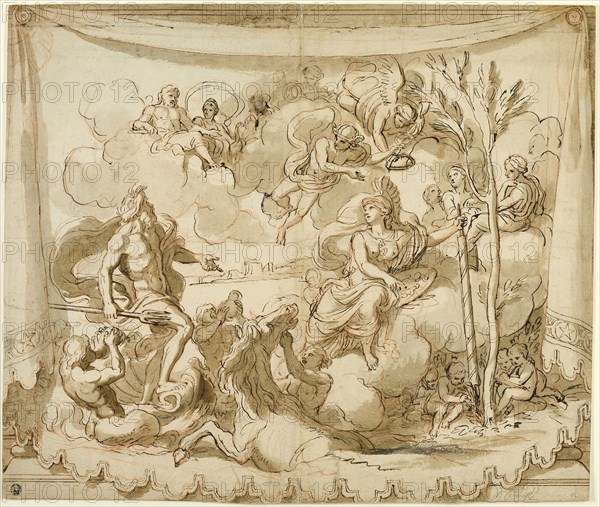 Neptune and Minerva Discussing the Foundation of Athens, n.d., Attributed to or a follower of Charles Le Brun, French, 1619-1690, France, Pen and brown ink, with brush, brown wash and red chalk, on cream laid paper, 450 × 532 mm