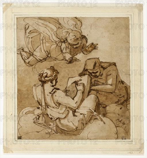 Allegorical Subject (Angel above Two Sibyls), 1560/65, Luca Cambiaso, Italian, 1527-1585, Italy, Pen and iron gall ink and brush and brown wash, on tan laid paper, laid down on cream laid paper, laid down on ivory laid card, 275 x 254 mm