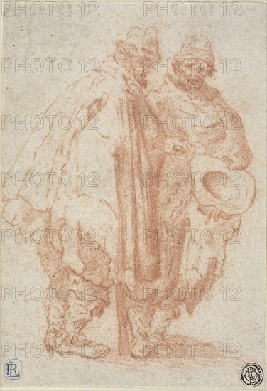 Two Bearded Men in Ragged Cloaks, n.d., Style of Jacques Callot, French, 1592-1635, France, Red chalk on ivory laid paper, 165 × 112 mm