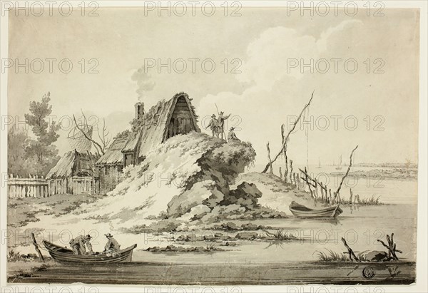Rustic Seaside Scene, n.d., Possibly Jean Baptiste Le Prince, French, 1734-1781, France, Pen and black ink, with brush and gray wash, on ivory wove paper, 215 × 320 mm