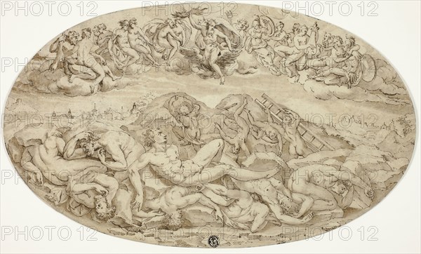 Fall of the Giants, 1550s, After Guglielmo della Porta, Italian, 1500/10-1577, Italy, Pen and brown ink, over traces of black chalk, on cream laid paper, 211 x 355 mm (max.)