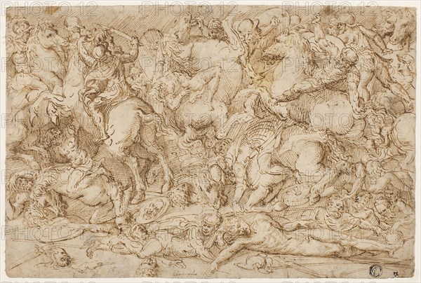 Battle Scene with Horses and Men, c. 1517, Domenico Campagnola, Italian, c. 1500-1564, Italy, Pen and brown ink on cream laid paper, laid down on ivory card, 212 x 318 mm