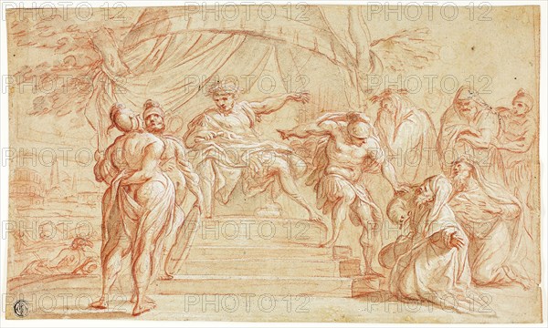 Scene From Roman History, n.d., Thomas Blanchet, French, 1614/17-1689, France, Red chalk, with brush and gray-brown and red chalk wash, with touches of black chalk, heightened with lead white (partially discolored), on tan laid paper with blue fibers, laid down on cream laid paper, 186 × 313 mm