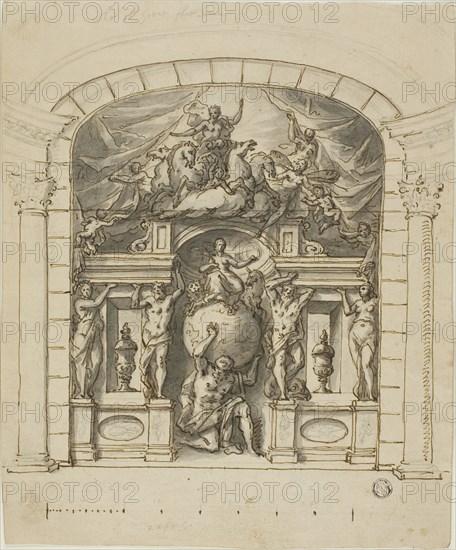 Design for Stage Scenery (Hampton Court) with Mythological Figures, c. 1718, James Thornhill, English, 1675-1734, England, Pen and brown ink with brush and gray wash, over graphite, on tan laid paper, 276 × 228 mm