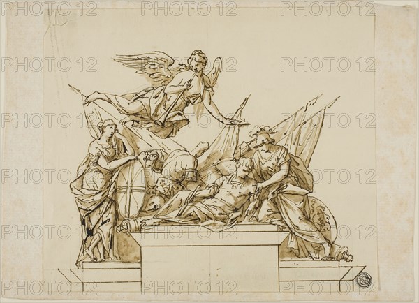 Unexecuted Design for the Monument to the First Duke of Marlborough, c. 1733, John Michael Rysbrack (Flemish, 1693-1770), or Richard Wilson (English, 1714-1782), Flanders, Pen and brown ink, with brush and brown wash, over graphite, on cream laid paper, tipped onto ivory laid paper, 183 × 214 mm