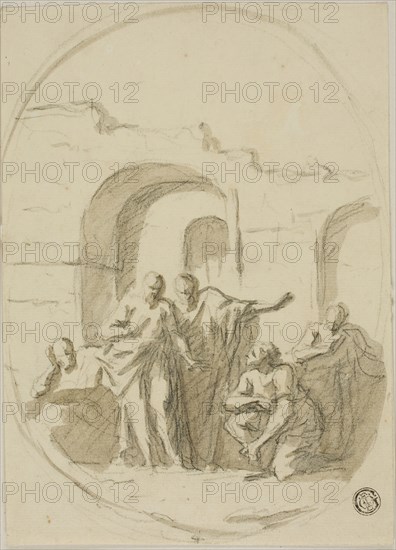 Saint Paul and Barnabas at Lystra, c. 1714, James Thornhill, English, 1675-1734, England, Black chalk with brush and brown wash, on cream laid paper, tipped onto card, 200 × 143 mm