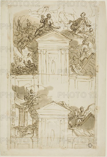 Study, c. 1719, James Thornhill, English, 1675-1734, England, Pen and brown ink with brush and tan and gray wash on ivory laid paper, 323 × 202 mm