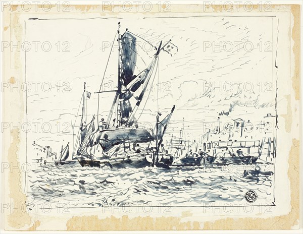 Boat in Port, n.d., Attributed to William Roxby Beverley, English, c. 1811-1889, England, Pen and brush and gray ink, on ivory wove paper, laid down on board, 168 × 229 mm