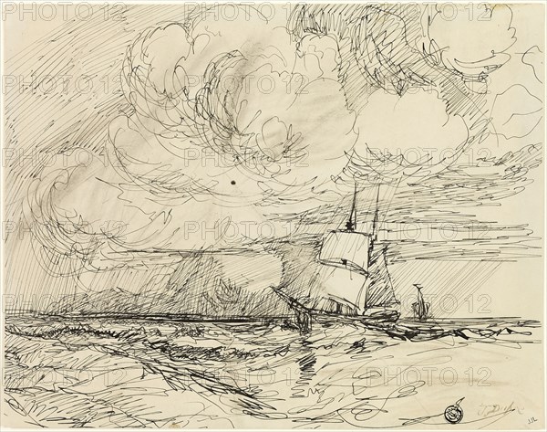 Ships at Sea During Storm, 1830/49, Jules Dupré (French, 1811-1889), or possibly James McNeill Whistler (American, 1834-1903), France, Pen and black ink, with graphite, on ivory wove paper, 219 × 277 mm