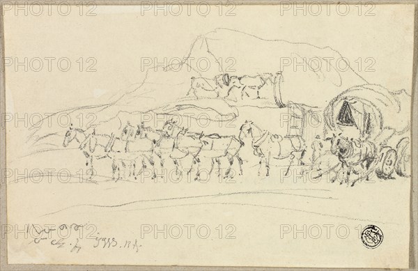Wagon with Eight Horses Being Hitched, n.d., John Ward, English, 1798-1849, England, Graphite on cream wove paper, tipped onto gray wove paper, 116 × 181 mm
