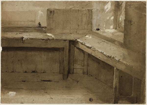 Background Study, 1840/50, Attributed to Sir David Wilkie, Scottish, 1785–1841, Scotland, Brush and brown wash heightened with white gouache over graphite, on tan wove paper, 256 x 358 mm