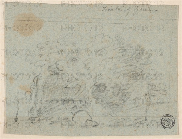 Sketch of Trees Near Bridge (recto), Sketch of Building (verso), n.d., Attributed to Richard Wilson, English, 1714-1782, England, Charcoal and graphite (recto), and charcoal (verso), on blue laid paper, tipped onto cream wove paper, 93 × 120 mm