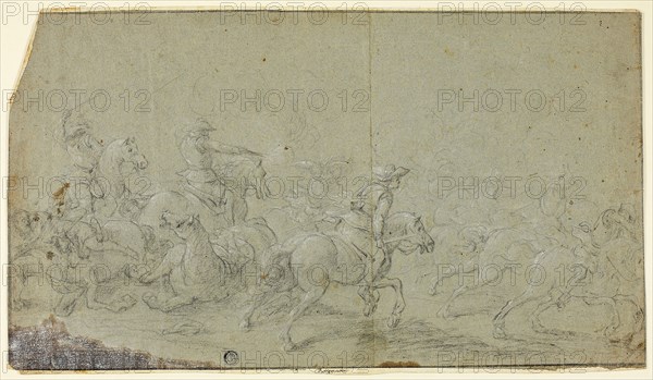 Cavalry Fight, n.d., Follower of Jacques Courtois, French, 1621-1675, France, Black chalk, heightened with white chalk, on greenish-blue laid paper, perimeter mounted on cream laid paper, 238 × 420 mm