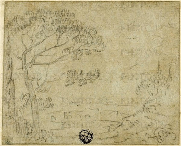 Italian Landscape with Umbrella Pine in Foreground, n.d., Richard Wilson, English, 1714-1782, England, Black chalk on blue laid paper, laid down on ivory laid paper, 99 × 123 mm
