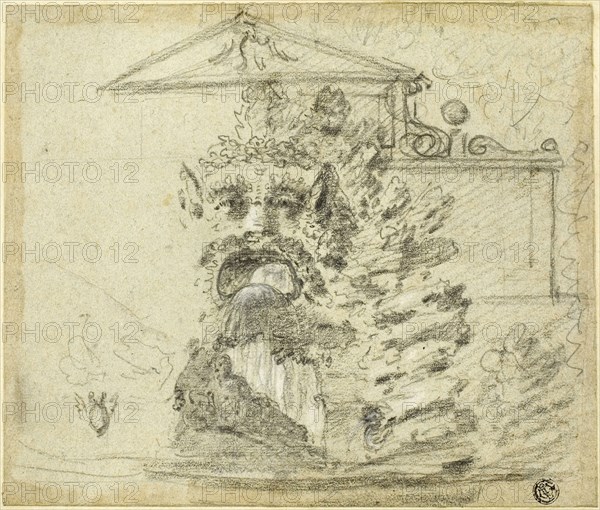 ‘Il Mascherone,’ a Rocaille Fountain on the Grounds of the Villa Borghese, c. 1754, Richard Wilson, English, 1714-1782, England, Black chalk, heightened with white chalk and graphite, on blue laid paper, laid down on card, 200 × 235 mm