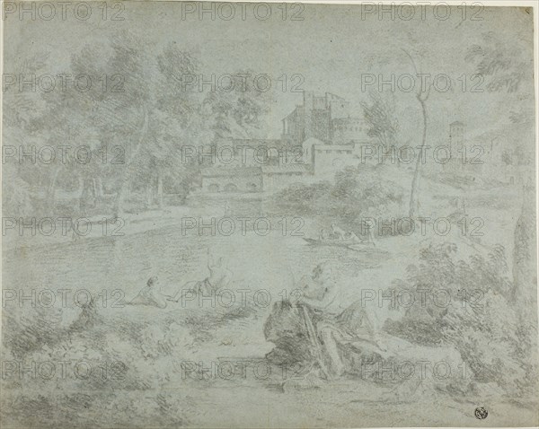 Italianate Landscape with Bathers, n.d., Possibly Richard Wilson (English, 1714-1782), or Gaspard Dughet (French, 1615-1675), or John William Taverner (English, 1703-1772), England, Black chalk on blue wove paper, laid down on ivory laid paper, 326 × 409 mm