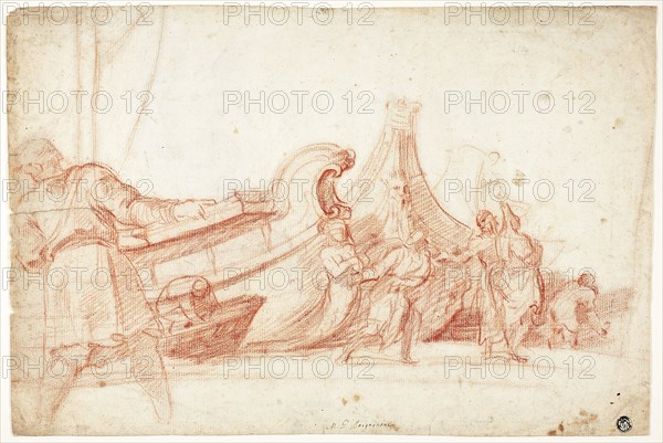 Dock Scene (recto), Two Sketches of Male Figures (verso), 1660/64, Guillaume Courtois, French, 1628-1679, France, Red chalk, on ivory laid paper, 275 × 414 mm