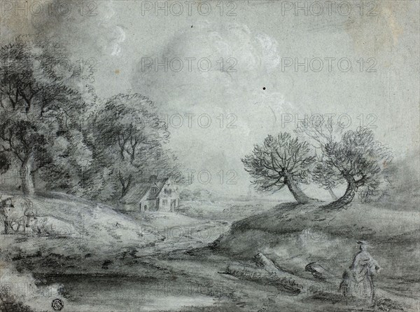 Landscape with Woman and Cows (recto), Sketch of a Landscape (verso), n.d., Richard Wilson (English, 1714-1782), or Thomas Morro (English, 1759-1833), or George Frost (English, c. 1754-1821), or the style of Thomas Gainsborough (English, 1727-1788), England, Black chalk with stumping, heightened with white chalk (recto), and black chalk (verso), on blue laid paper, 260 × 352 mm