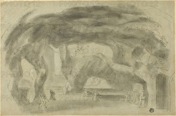 Interior of a Grotto, n.d., Possibly Richard Wilson, English, 1714-1782, England, Black chalk with stumping, heightened with touches of white chalk, on blue laid paper, laid down on card, 261 × 399 mm