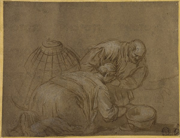 Peasant Couple Looking in a Basket, n.d., After Jacopo Bassano, Italian, c. 1510-1592, Italy, Pen and brown ink, heightened with lead white (partially oxidized), on laid paper prepared with brown wash, laid down on ivory laid paper, 156 x 204 mm